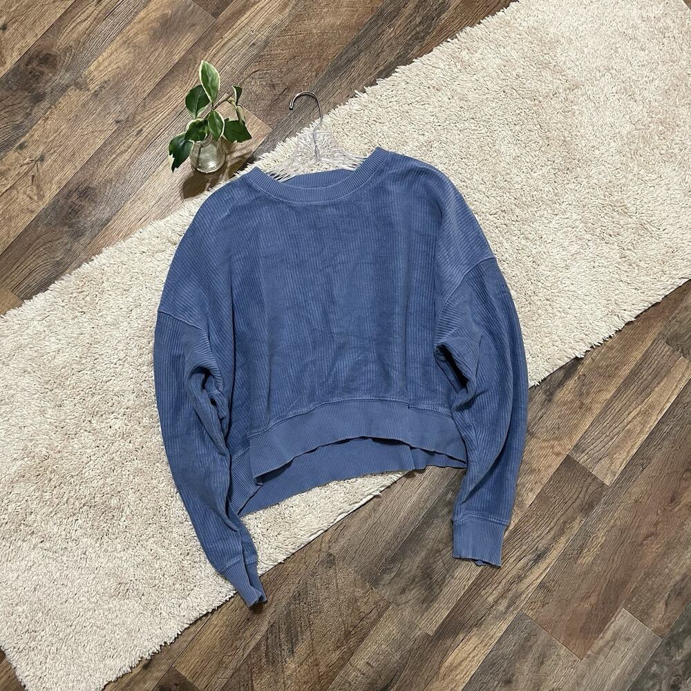 Aerie Small Oversized Washed Blue Ribbed Cropped Crewneck Versatile Sweatshirt